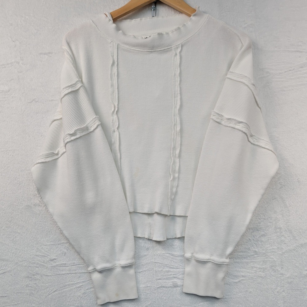 We The Free Thermal Top Women's XS White Waffle Knit Boho Boxy Cropped Relaxed